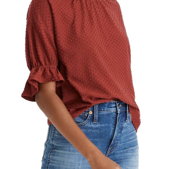 Madewell Red Clipdot Ruffle Mock Neck Half-Sleeve Dainty Blouse Size XS - Picture 2 of 10